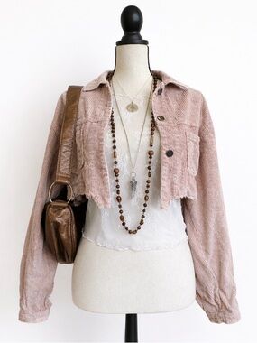 POL Boho Cottagecore Pink Cropped Corduroy Jacket | Small